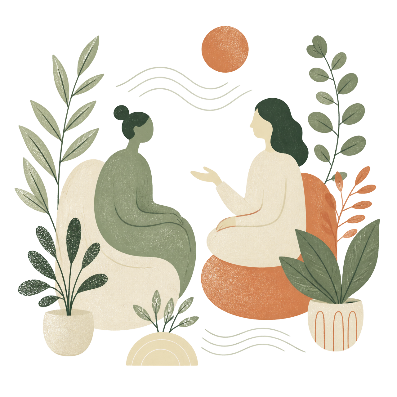 Illustration of two figures in a calm therapy conversation surrounded by plants